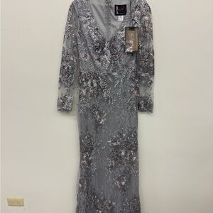 Mac Duggal Silver Lace Embellished Evening Dress